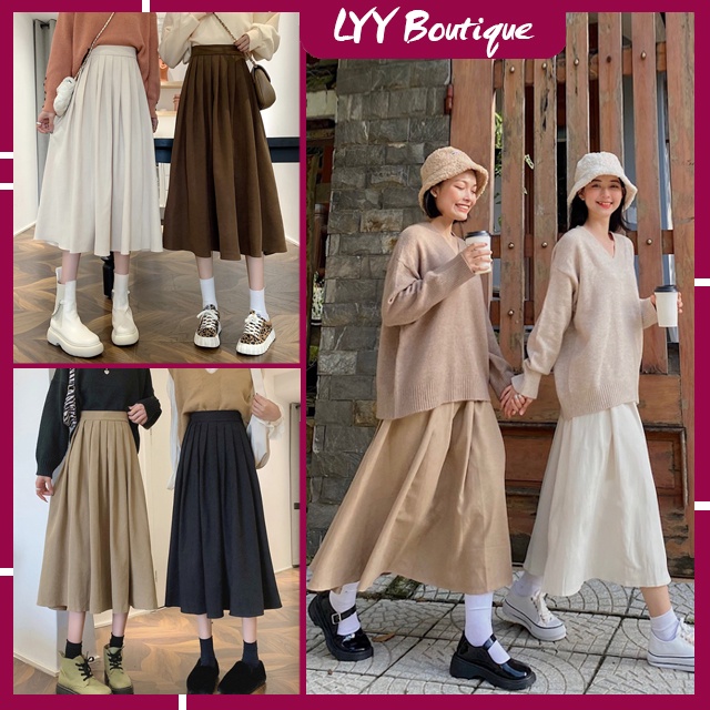 Chân Váy Xếp Ly Chất Nhung Tăm Dáng Váy Xòe Chữ A bo chun form dài hàng Quảng Châu LYY BOUTIQUE