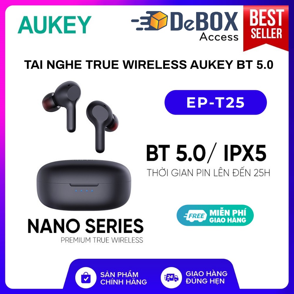 Tai Nghe True Wireless AUKEY EP-T25, BT 5.0, Pin Lên Tới 25H, Cảm Ứng, Chống Nước IPX5, Nghe Độc Lập 2 Tai - BH 24T