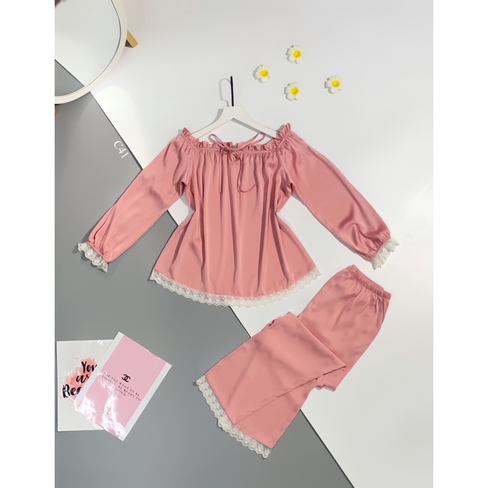 (Freeship 50K) Bộ Lụa Mặc Nhà Cao Cấp Tay Dài Bẹt Vai Phối Ren Tiểu Thư Vải Lụa Latin Siêu Mềm Freesize Dưới 60kg