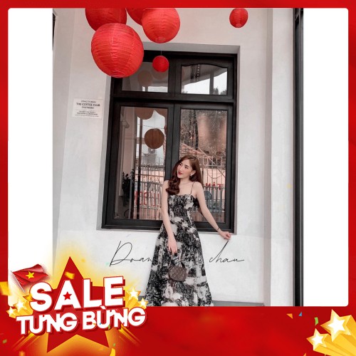 -Hàng nhập khẩu Đầm maxi hai dây dáng dài họa tiết trắng đen thướt tha, đẹp dịu dàng Lemy Liên hệ mua hàng 084.209.198