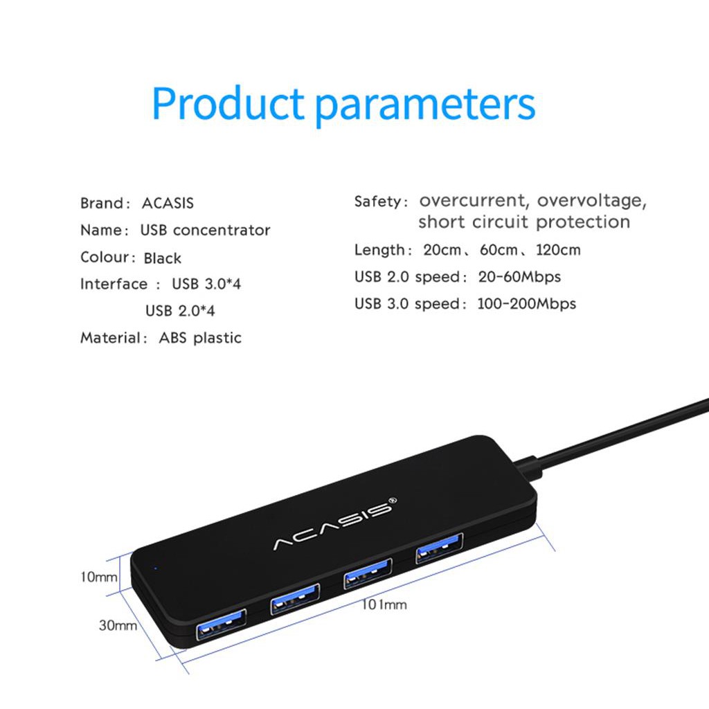 Hub usb 4 cổng ACASIS chuẩn 3.0 dài 20cm-AB3-L42 , AB3-L46 dài 60cm, AB3-L412 dài 120cm Và ACASIS chuẩn 2.0 -AB2-L46 | BigBuy360 - bigbuy360.vn