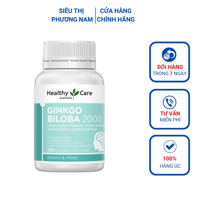 Viên bổ não (100v) tăng tuần hoàn máu não, trí nhớ cho bé từ 12 tuổi và người già Healthy Care Ginkgo Biloba 2000mg, Úc