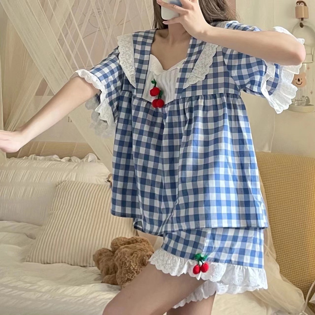Bộ Đồ Ngủ Áo Tay Ngắn Cổ Vuông Phối Ren Quần short Thời Trang Mùa Hè Hàng Mới Dành Cho Bạn Nữ 2022