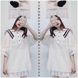 {SP mới - sẵn} -  Áo Babydoll Sơ Mi Tay Ngắn Bồng Họa Tiết Viền Đen Cổ Thủy Thủ - Áo Hải Quân Somi Phối Cúc Ngực Ulzzang