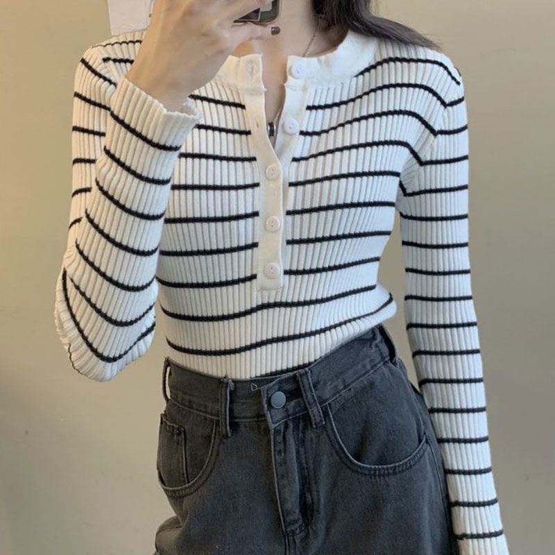 Áo thun nữ tay dài sọc vằn ngang cổ tròn sexy