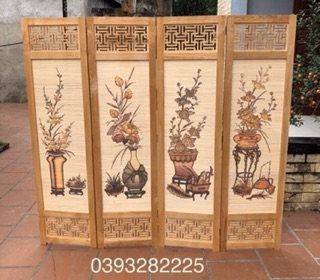 Bình phong khung gỗ tự nhiên nền mành