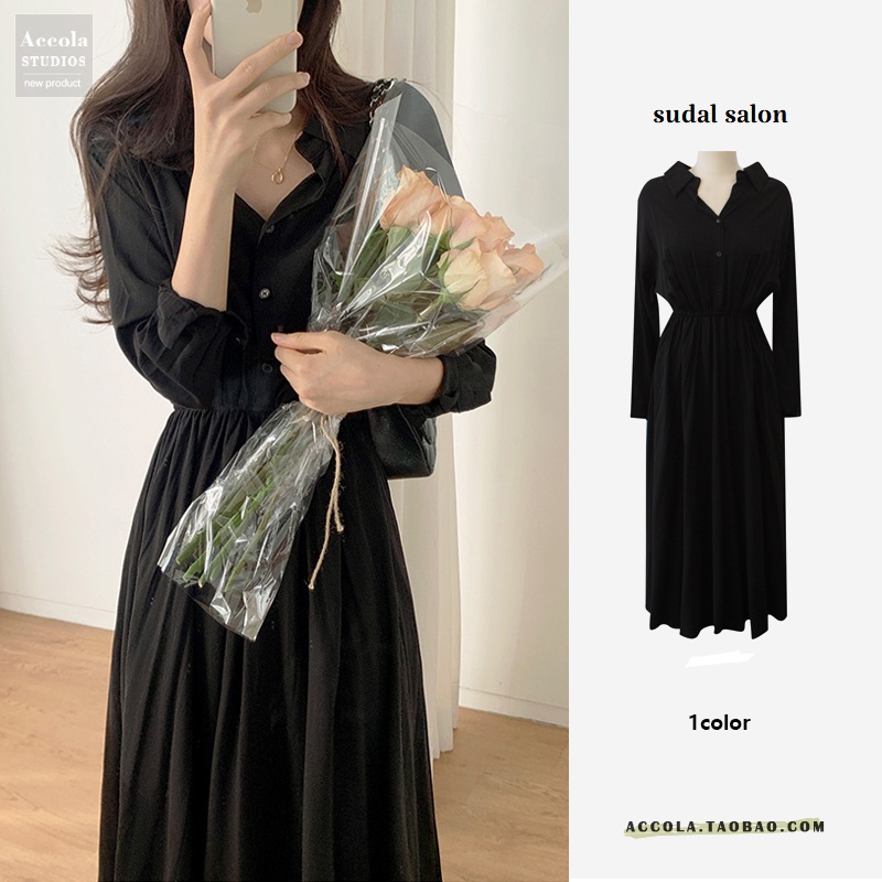 ORDER Váy MORAN dài tay cổ bẻ cài khuy thun eo xòe dài màu đen style Hàn thumbnail