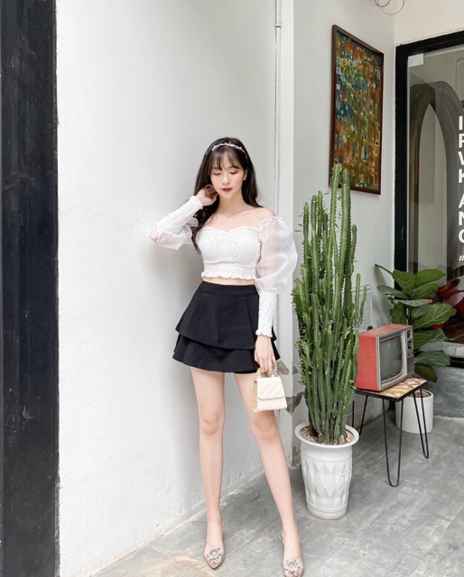 Áo croptop bo thun phối tay phồng vải voan kiếng Sun Fashion