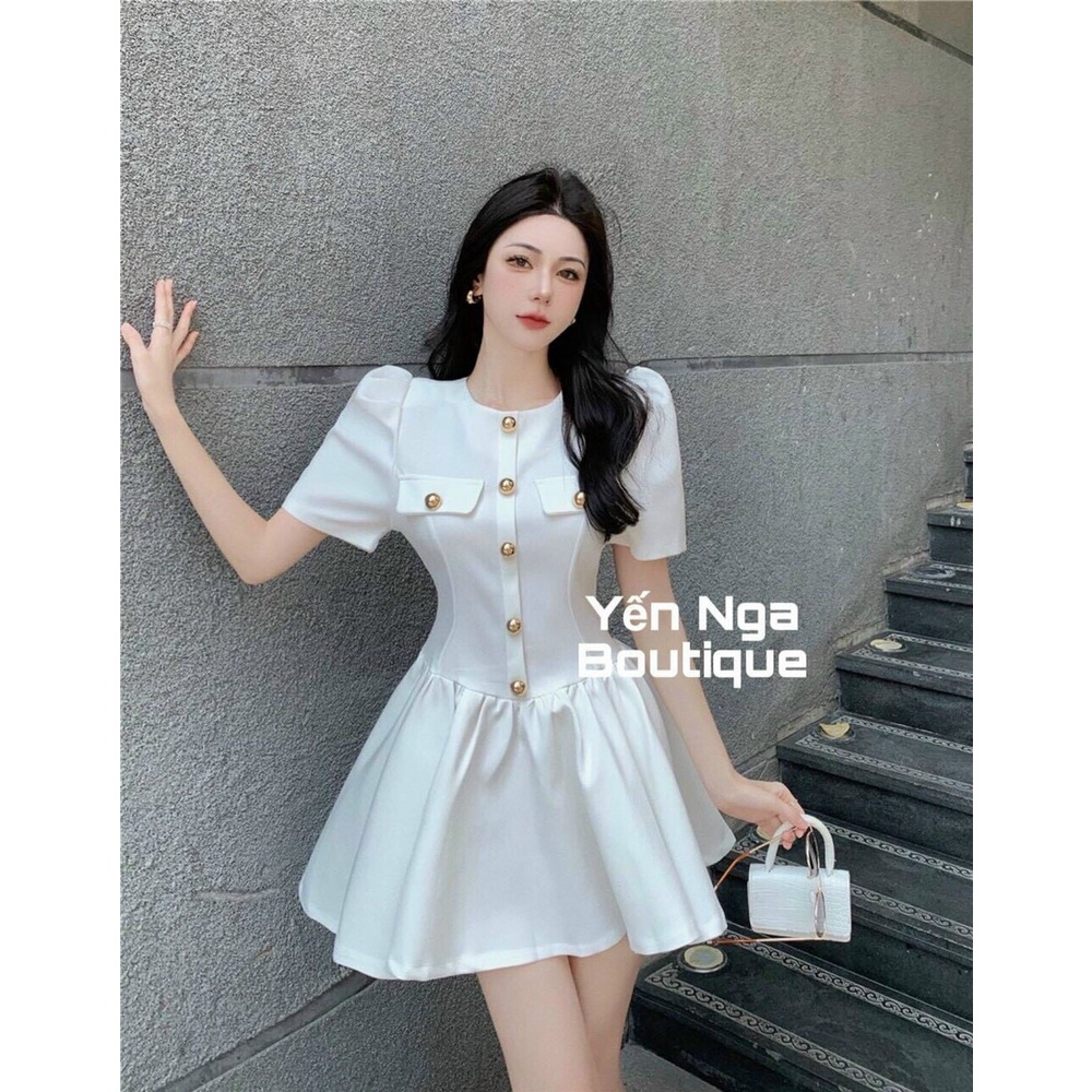 [8.8 Sales Freeship] Đầm nữ thiết kế đính nút đắp túi tay phồng, đầm đi tiệc cổ tròn ôm eo xòe kết nút cực sang trọng