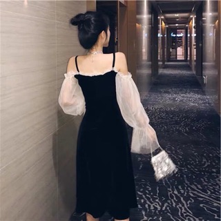 Váy trễ vai nhung tay phối lưới