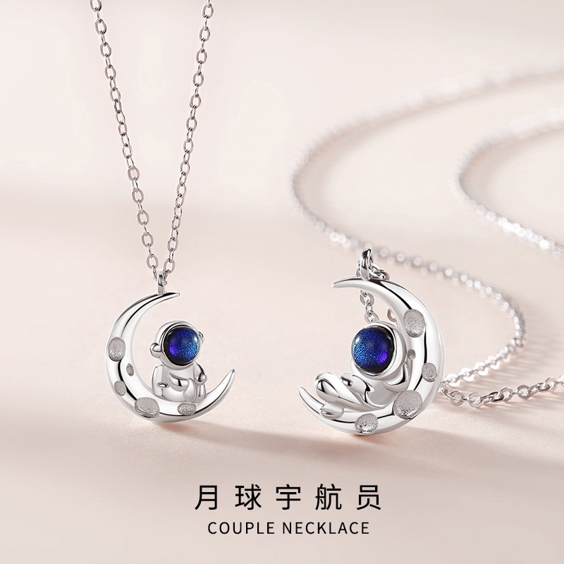 Dây Chuyền Mặt Hình Phi Hành Gia/Mặt Trăng Hoạt Hình Bằng Bạc Sterling s925 Phong Cách Hàn Quốc Thời Trang Cho Cặp Đôi