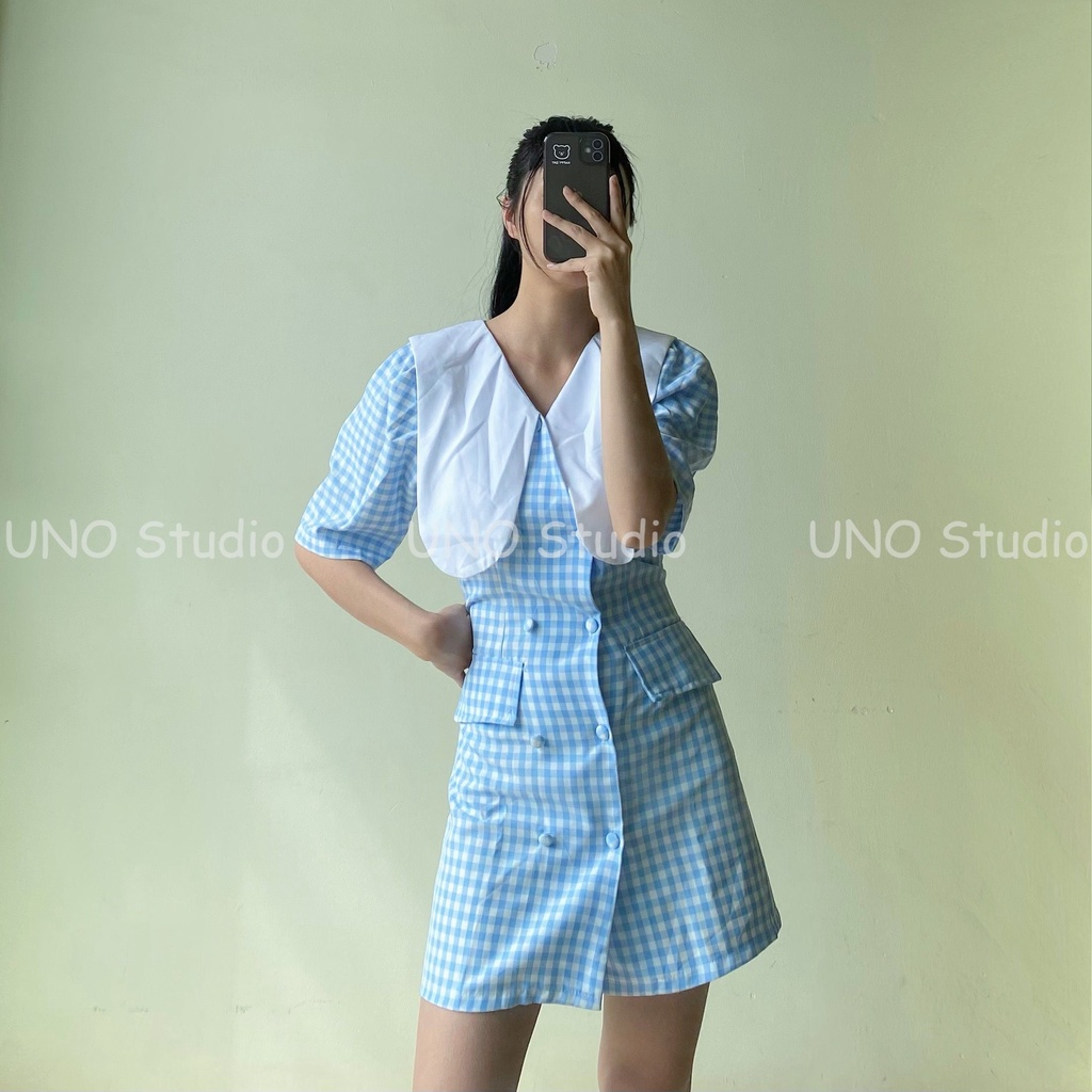 Váy caro xanh cổ bèo