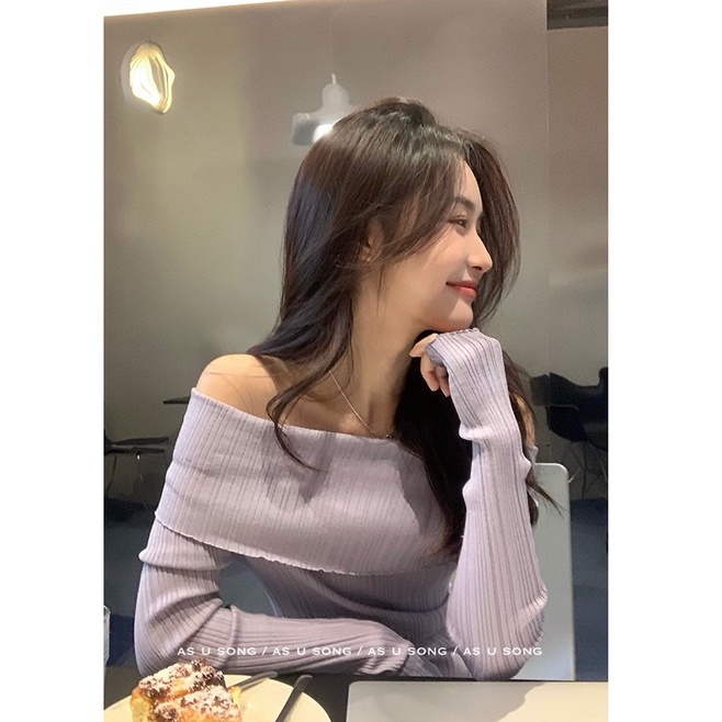 Áo sweater Lụa Lạnh Ba Màu Trễ Vai Xẻ Tà Nhẹ Nhàng