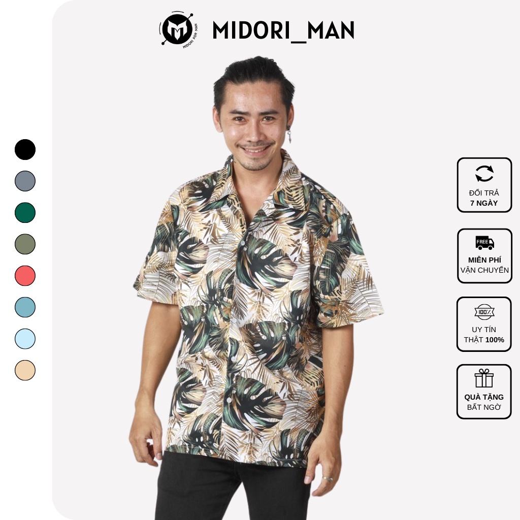 Áo Sơ Mi Unisex Hoạ Tiết Tay Ngắn Cổ Vest Thời Trang Vải Lụa Midori For Man