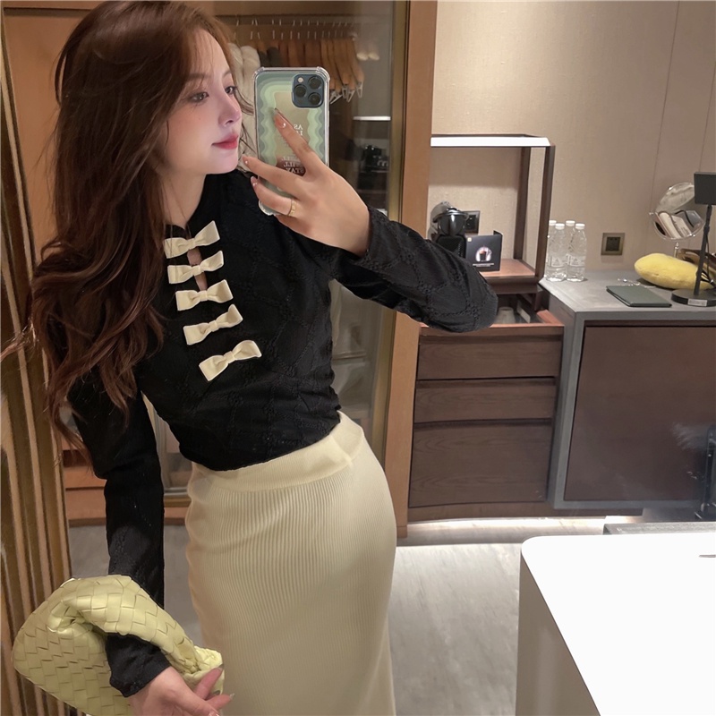 Áo sơ mi công chúa tay dài cổ thắt nơ màu sắc ngọt ngào phong cách Trung Hoa thời trang cho nữ
