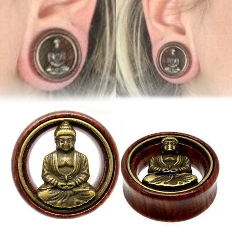 Set 2 khuyên nong tai bằng gỗ hình Đức Phật 8-20mm