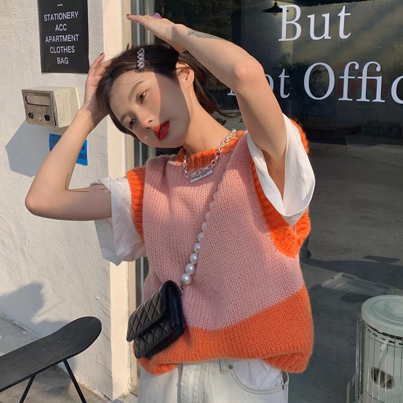 Áo dệt kim không tay dáng rộng thời trang phong cách dễ thương cho nữ