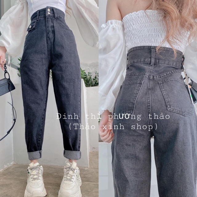 Quần jeans baggy xám đen lưng siêu cao qua rốn hai nút hack chân form ulzzang kèm ảnh thật hàng sẵn FREESHIP