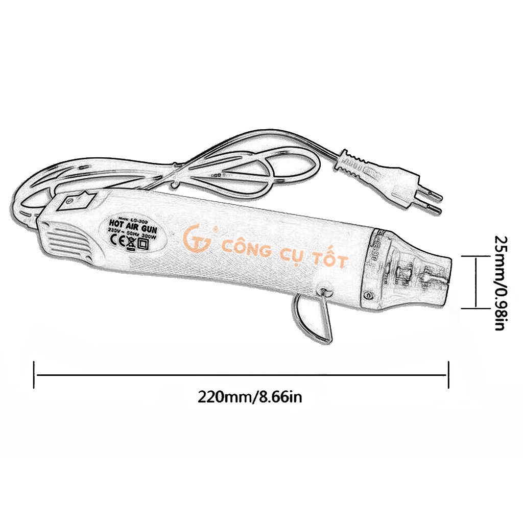 Máy khò nhiệt - thổi khí nóng 200°C 300W 220V để khò màng co, tem cao su, bột hàn...