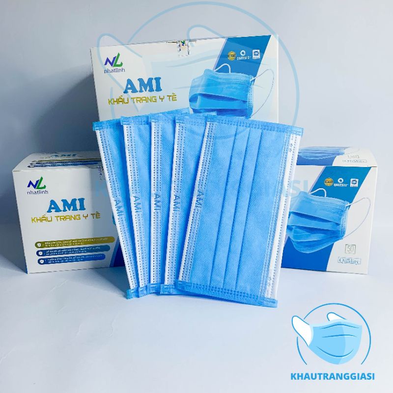 Khẩu trang y tế Ami giấy kháng khuẩn 4 lớp màu xanh hộp 50 chiếc