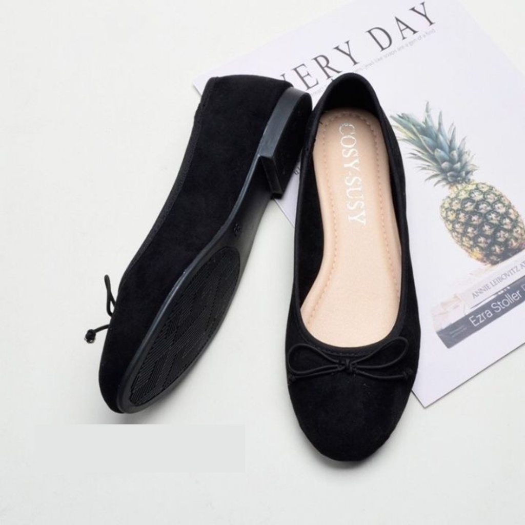 Giày Búp Bê Nữ Đế Bằng Mũi Tròn Dây Nơ Đen Trơn Siêu Xinh - Giày Đế Bệt Nhung Bít Mũi Phong Cách Đơn Giản - BB - G010