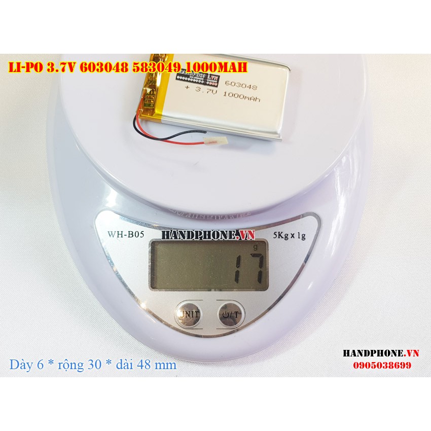 Pin Li-Po 3.7V 1000mAh 603048 603050 (Lithium Polyme) cho Bộ đàm, Định vị GPS, Camera hành trình, cân điện tử,máy ghi âm