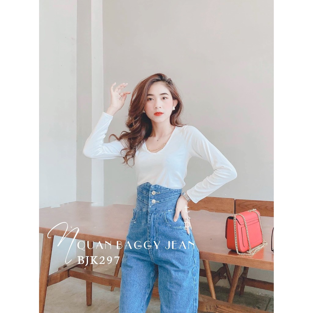 Quần baggy jean nữ ống suông ống rộng lưng phối kiểu dễ thương BJT BJK baggy jean tổng hợp