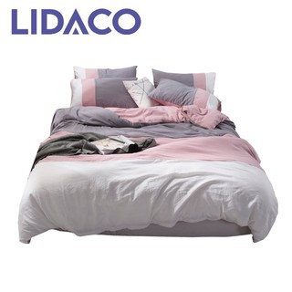 Bộ vỏ chăn ga gối cotton đũi Lidaco phối 3 màu - Hồng Xám FSD