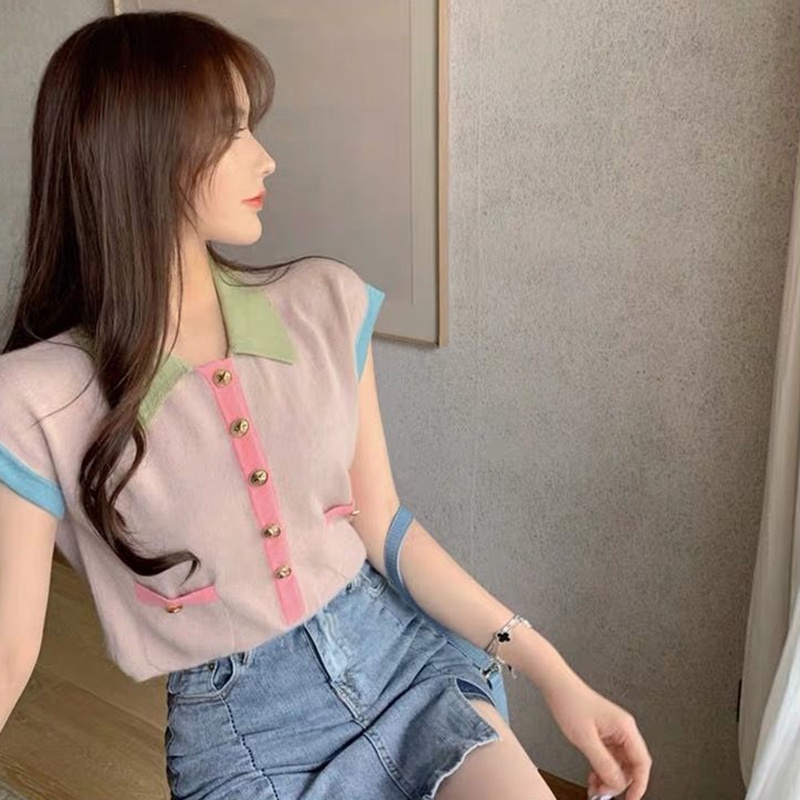 Áo croptop IELGY len mỏng dáng rộng cổ polo phối màu tương phản cho nữ
