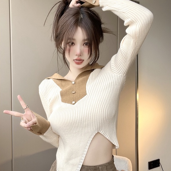 【ZHELIHANGFEI】Đầm Dệt Kim Cổ Bẻ Xẻ Tà Thời Trang Quyến Rũ Cho Nữ