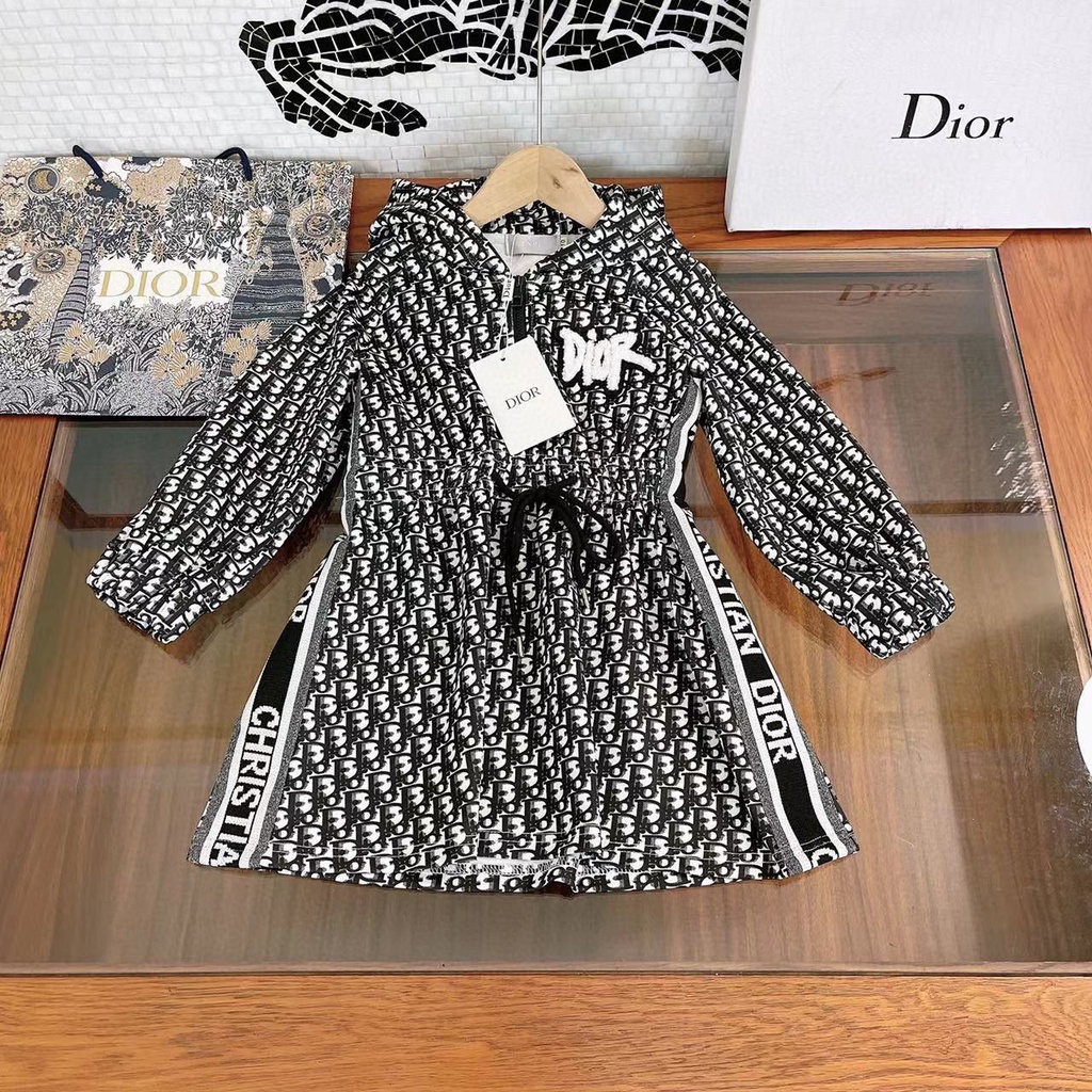 Dior_Bộ Áo Thun Cotton Jacquard Tay Dài + Chân Váy Thời Trang Mùa Hè Cho Bé Gái