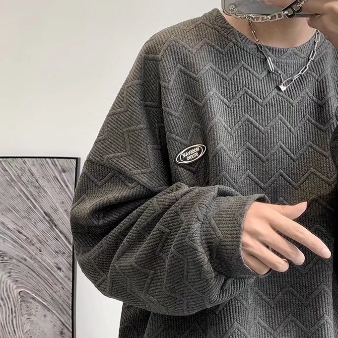 Áo thun tay dài cổ tròn dáng rộng màu trơn phối họa tiết thời trang Hàn Quốc cho nam