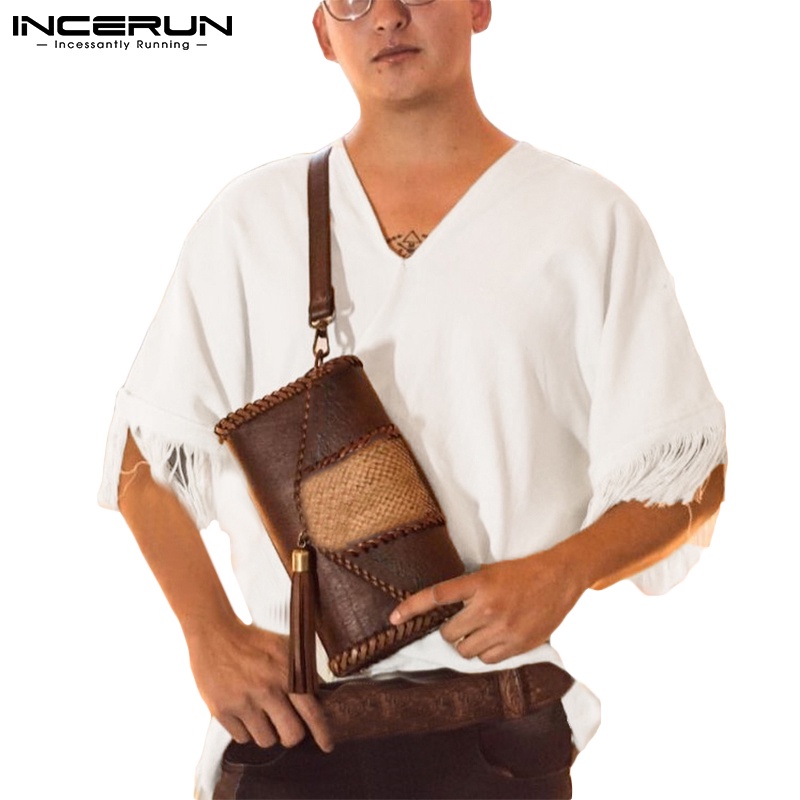 Áo trắng INCERUN tay ngắn cổ chữ V dáng rộng phối tua rua phong cách dân tộc dành cho nam giới