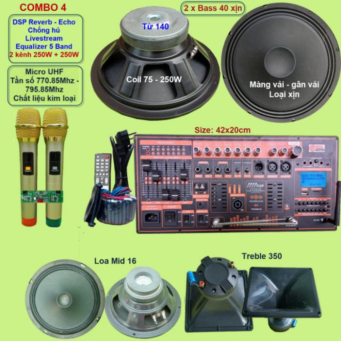 Mạch loa kéo 4 tấc đôi 2 kênh 250W + 250W DSP Reverb Echo Livestream có chống hú - Equalizer 5 Band kèm 2 tay micro