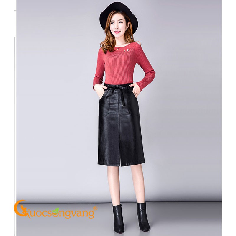 Chân váy da PU mềm chân váy midi da big size trong lót cotton mềm GLV136