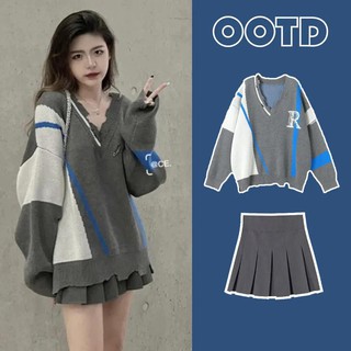 Set Áo Len Dài Tay Và Chân Váy Xếp Ly Phong Cách Retro Dành Cho Nữ