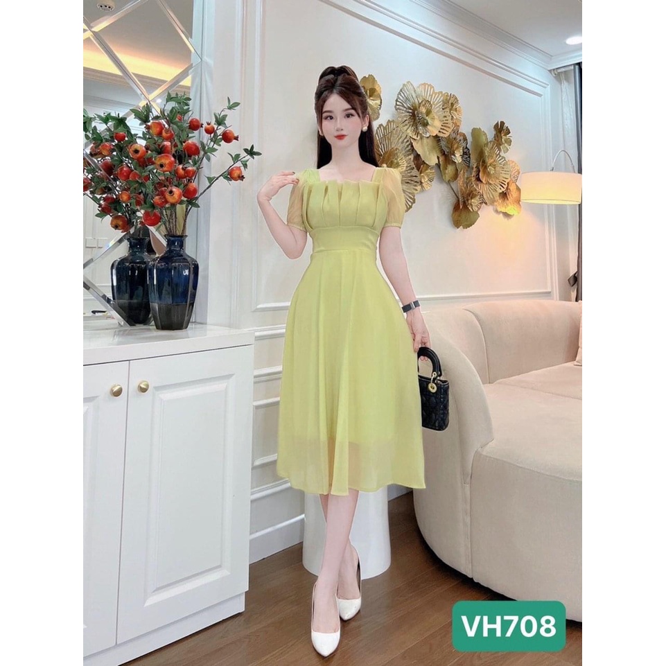 Váy thiết kế cổ vuông ngực xếp chất tơ lụa mềm mại cho các nàng sam_sam_shop_1011