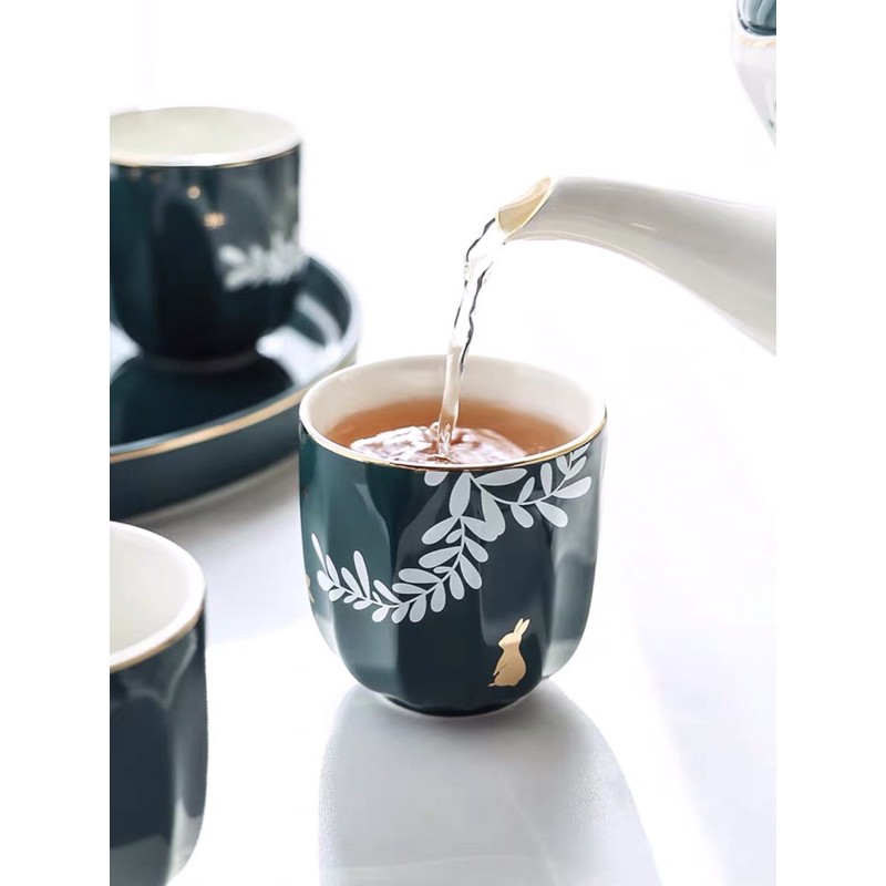 Bộ ấm trà sứ xương xanh hoạ tiết lá me phong cách Bắc Âu