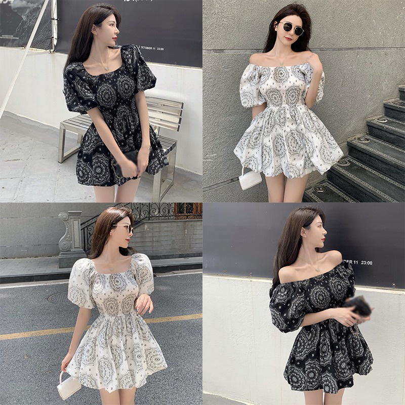 Đầm Búp Bê Tay Ngắn Hở Vai Xếp Ly Cổ Điển Thời Trang Phong Cách Hàn Quốc Cho Nữ