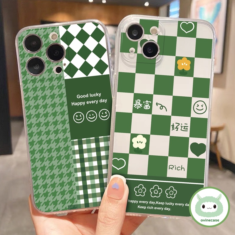 Ốp lưng iphone Ốp Điện Thoại Mềm Trong Suốt Họa Tiết Sọc Caro Màu Xanh Lá Cho iPhone 11 12 14 13 pro max mini XR XS 7 8 plus 6 6s