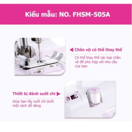 Máy khâu - Máy may mini gia đình FHSM505 có vắt sổ, may được vải thun kèm chân vịt