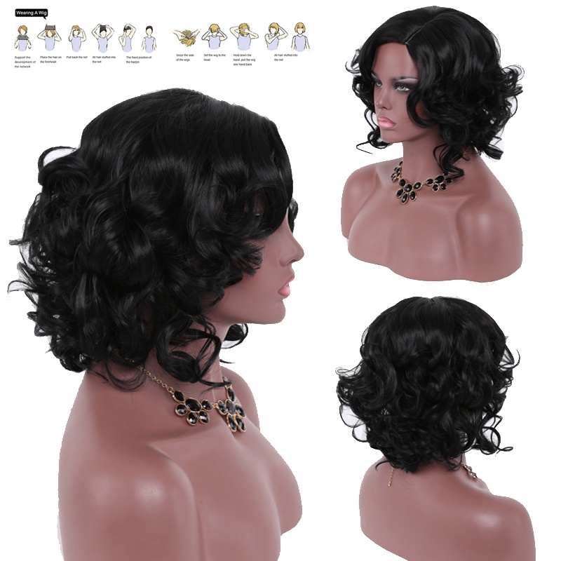 Women Full Wavy Wig Black Short Natural Kinky Curly Hair Synthetic Cosplay Party ☆BjFranchisemall