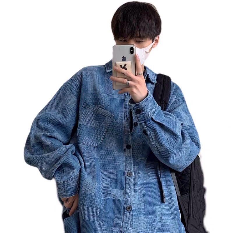 Áo sơ mi bò denim mosaic phối màu đậm nhạt Ulzzang form rộng oversize hiphop siêu chất ❤️