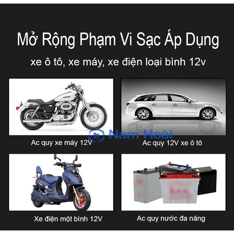 Sạc Bình ắc quy 12V2A 12V3A 12V6A, Sạc acquy từ 4-20-80Ah, Sạc và Phục hồi Cho Cả Bình Khô Và Nước Xe Máy ô tô