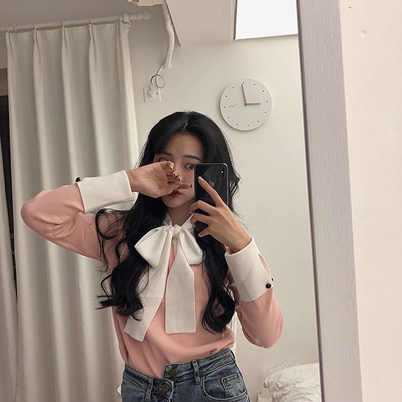 Áo Len Tay Dài Dáng Ôm Thắt Nơ Màu Sắc Tương Phản Phong Cách Hàn Quốc Dễ Phối Đồ Cho Nữ