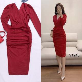 Váy body đỏ nhũ nhún eo V1248 - DVC Phân phối chính thức (Kèm ảnh thật trải sàn do shop tự chụp)