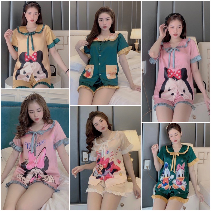 Đồ Bộ Pijama 🌸Bộ Lụa Quần Sooc Chất Liệu SaTin Phối Bèo Họa Tiết Búp Bê | BigBuy360 - bigbuy360.vn