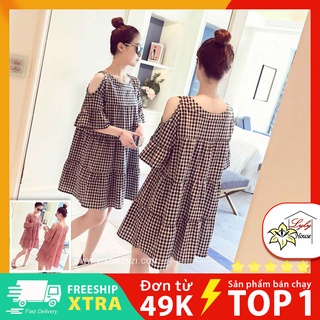 Váy đầm babydoll nữ họa tiết caro tay khoét vai chất cotton , đầm bigsize nữ dành cho người mập bụng size từ 45kg - 9