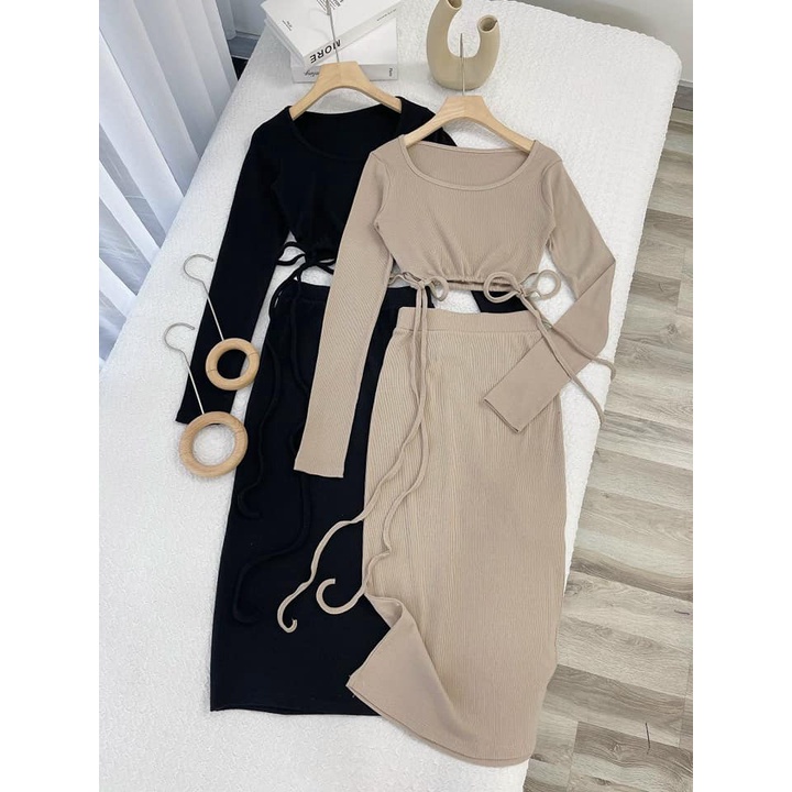 SET Áo croptop tay dài dây cột eo kèm Chân Váy midi ôm body xẻ sau màu đen/nude NÀNG CLOSET