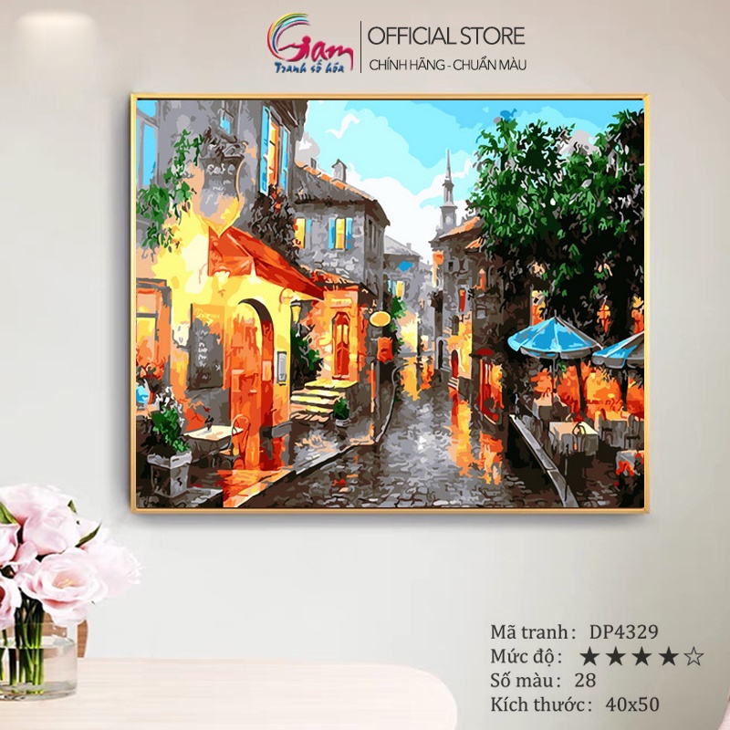 Tranh tô màu số hóa GAM phong cảnh phố cổ lên đèn có sẵn đã căng khung 40x50cm DP4329